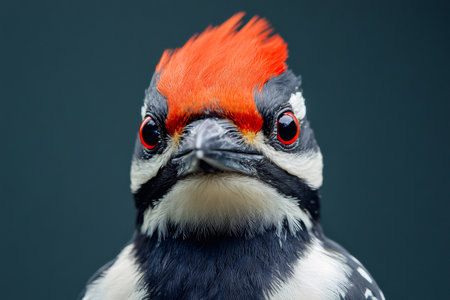 Close-up portrait of a red-crowned woodpecker showcasing its vibrant plumage and intense red eyes against a blurred dark green backdropの素材