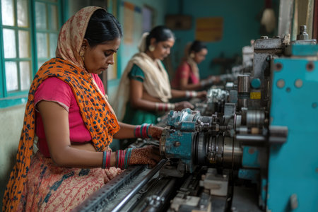 Skilled female factory workers diligently operating machinery in a textile mill, contributing to India's industrial workforceの素材