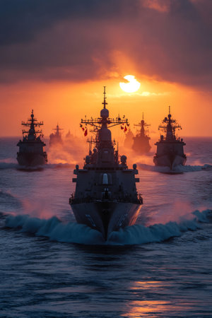 US Navy Arleigh Burke-class destroyers sailing in formation at sunsetの素材