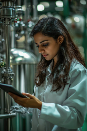 Female scientist using digital tablet while working and controlling production in pharmaceutical industrial factoryの素材