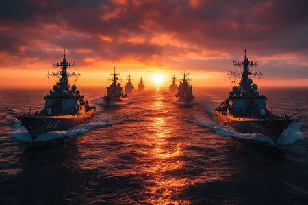Navy warships sailing in formation at sunset, demonstrating naval power and military readinessの素材