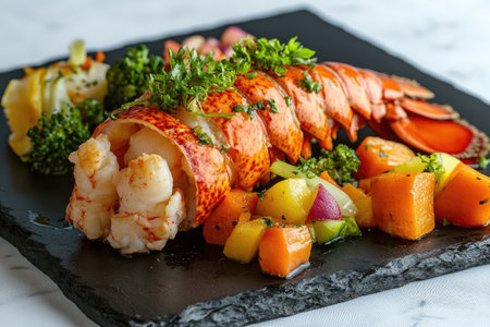 Cooked lobster tail served with chopped vegetables, herbs, and butter sauce on a black slate plateの素材