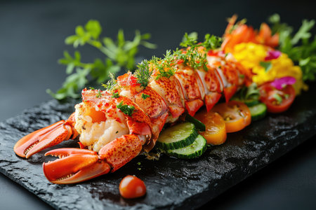 Close-up of a cooked lobster seasoned with herbs, resting on a bed of fresh salad and edible flowers, served on a black slate plateの素材