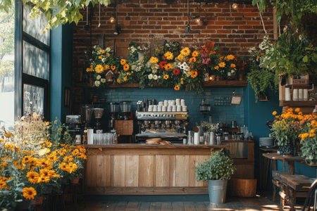 Cozy coffee shop interior with rustic wooden counter, espresso machine, and abundant floral arrangements creating a welcoming atmosphereの素材