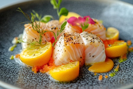 Exquisite salmon sashimi seasoned with pepper, resting on a bed of vibrant red caviar and accompanied by fresh lemon slicesの素材