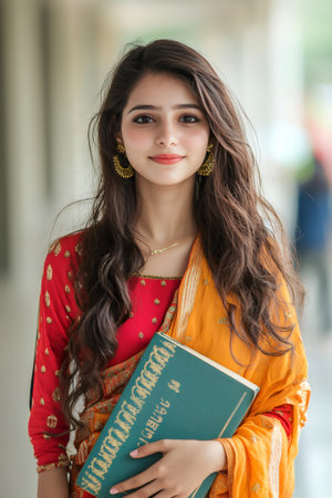 Portrait of a smiling young Indian woman holding a book, showcasing traditional attire and cultural heritageの素材