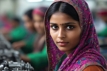 Portrait of a young Indian woman working in a textile factory, wearing a colorful dupattaの素材