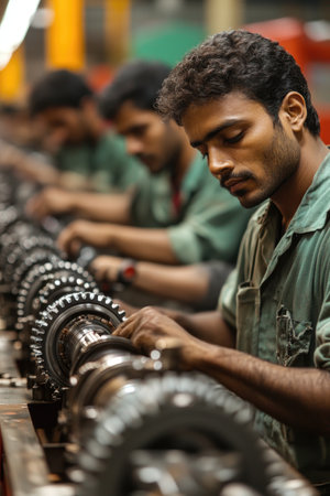 Focused factory workers assembling mechanical gears on a production lineの素材
