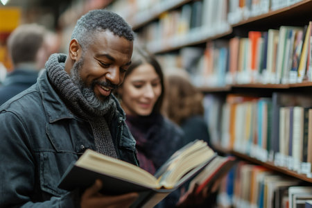 Happy mature man enjoying reading a book in a public library, surrounded by bookshelves and other readersの素材