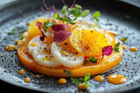 Delicious gourmet dish with sliced tomatoes, poached eggs, orange slices, fresh herbs, and spices, served on a black plateの素材