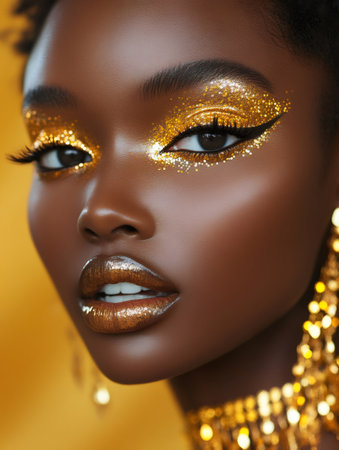 Studio portrait of beautiful young black model wearing golden makeup and jewelryの素材