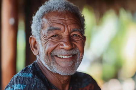 Close-up of cheerful retired African man with gray hair and beard smiling and enjoying lifeの素材