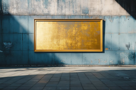 Golden frame with copy space hanging on a grungy concrete wall in the cityの素材