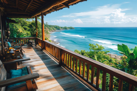 Relaxing view from a wooden terrace of a tropical coastline with rolling wavesの素材