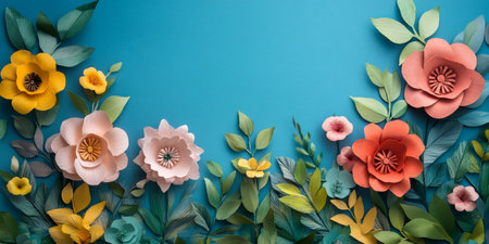Handmade paper flowers and leaves arranged on a blue backdrop, forming a colorful and textured floral displayの素材