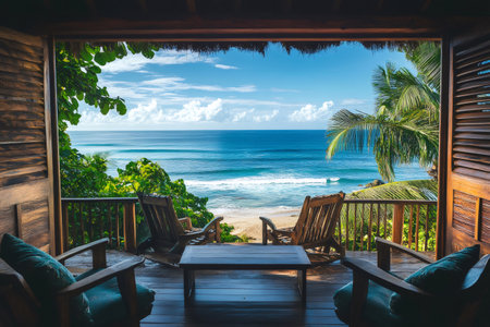 Relaxing view from a wooden bungalow overlooking the ocean waves and sandy beach in a tropical paradiseの素材