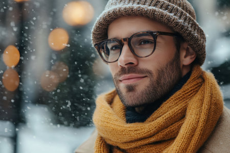 Portrait of a stylish man wearing a beanie, glasses, and a scarf, enjoying a snowy winter day in the cityの素材