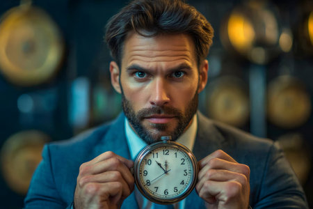 Businessman holding a pocket watch in front of him in an antique shopの素材