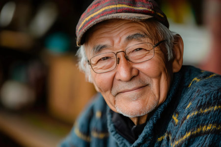 Close-up of a cheerful elderly indigenous man wearing glasses and a hat, representing wisdom, tradition, and cultural heritageの素材