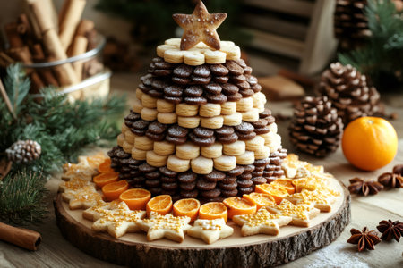 Delicious christmas cookie tree made with stacked vanilla and chocolate cookies, decorated with star shaped cookies, tangerine slices and powdered sugarの素材