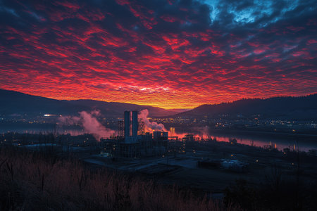 Smoke billowing from industrial chimneys under a vibrant sunset sky, creating a dramatic and colorful industrial landscapeの素材