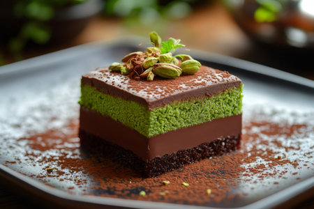 Slice of layered pistachio matcha and chocolate cake decorated with pistachios and cocoa powder is sitting on a dark plateの素材