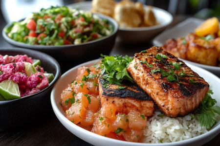 Delicious grilled salmon fillets served with rice and grapefruit salsa, garnished with fresh cilantro, with other restaurant dishes in soft focusの素材