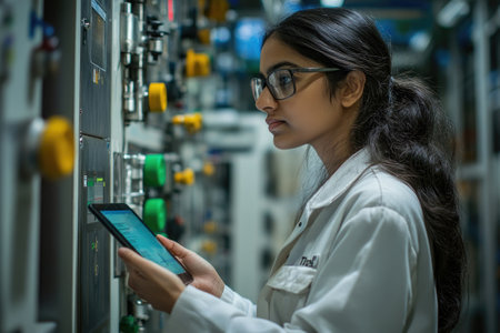 Female industrial automation engineer controlling production process using digital tablet in factoryの素材