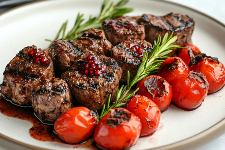 Sizzling beef medallions are presented with roasted cherry tomatoes and a fragrant rosemary garnish, creating an enticing culinary sceneの素材