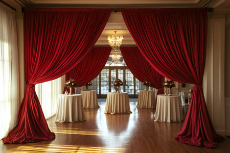 Elegant ballroom interior with red curtains, round tables, and flower arrangements, creating a sophisticated atmosphere for a special occasionの素材