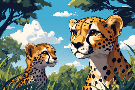 Cheetah mother and her cub looking towards the horizon in the African savanna on a sunny dayの素材