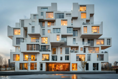 Geometric white apartment building with illuminated windows at dusk, showcasing modern architecture and urban livingの素材