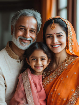 Portrait of a happy multigenerational Indian family smiling and wearing traditional clothingの素材