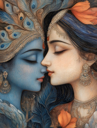 Romantic illustration of radha krishna, hindu deities, showing affectionの素材