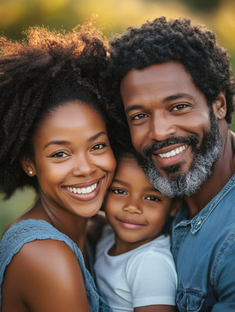 Close-up portrait of a happy family smiling together outdoors, enjoying a loving moment in natureの素材
