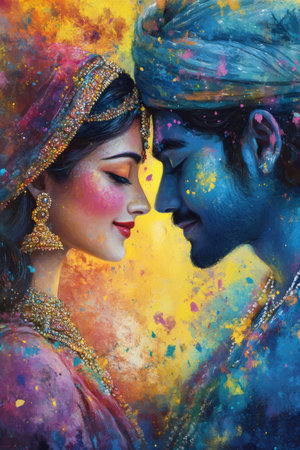 Romantic portrait of a young couple celebrating holi, touching foreheads and covered in colorful powder paintの素材