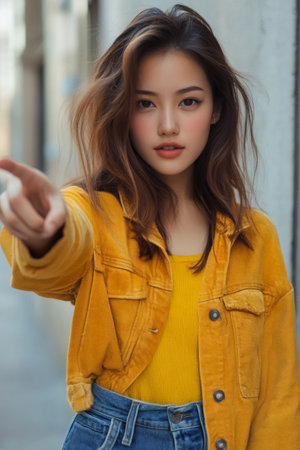 Fashionable young Asian woman pointing her finger while wearing a yellow jacket and blue jeansの素材