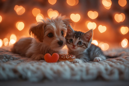 Cute puppy and kitten lying together on a soft blanket with heart-shaped treats, against a backdrop of glowing heart-shaped bokeh lightsの素材
