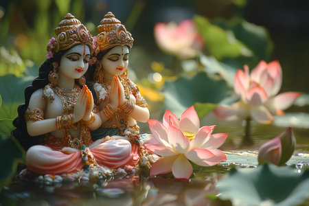 Statues of radha krishna praying amidst blooming lotus flowers in a serene pond, symbolizing love, devotion, and spirituality in hinduismの素材