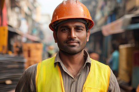 Portrait of confident Indian construction worker wearing hard hat and safety vest on job siteの素材