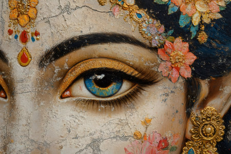 Close-up of a painting showcasing a Hindu deity adorned with vibrant flowers and intricate gold ornaments, emphasizing a captivating blue eyeの素材