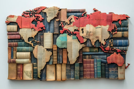Vintage books arranged as a world map symbolizing global literacy, education, and knowledgeの素材