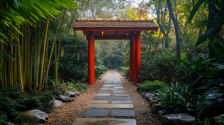 Stone path leading through a peaceful Japanese garden, passing under a vibrant red torii gate and surrounded by lush greeneryの素材