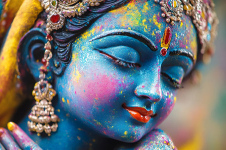 Close-up portrait of Hindu deity Krishna, covered in vibrant holi colors, embodying the joyous spirit of the festivalの素材