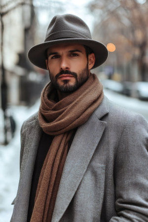 Portrait of a fashionable man wearing a hat, scarf, and overcoat in a snowy urban settingの素材