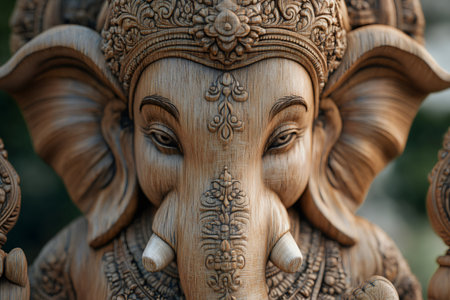 Close-up of a wooden ganesha statue, capturing intricate carvings and a peaceful expressionの素材