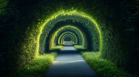 Pathway leading through a tunnel of green archways in a beautiful garden creates a sense of mystery and wonderの素材