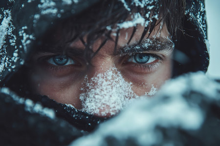 Close-up portrait of explorer with snow-covered face and blue eyes, enduring extreme winter conditions during a blizzardの素材