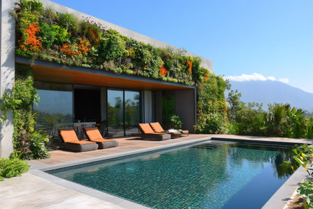 Luxurious home showcasing sustainable design with a living wall, swimming pool, and stunning mountain viewの素材