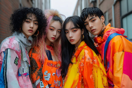 Four young fashion models wearing colorful streetwear stand together on a city streetの素材